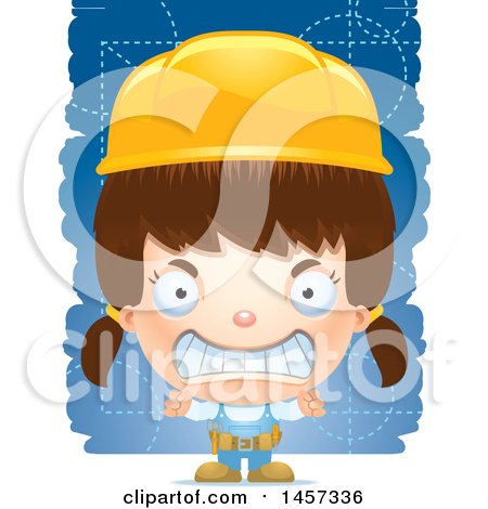 Clipart of a 3d Mad White Girl Builder over Blue - Royalty Free Vector Illustration by Cory Thoman