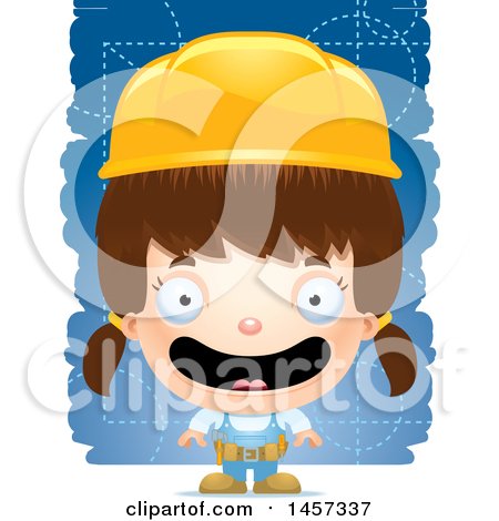 Clipart of a 3d Grinning White Girl Builder over Blue - Royalty Free Vector Illustration by Cory Thoman