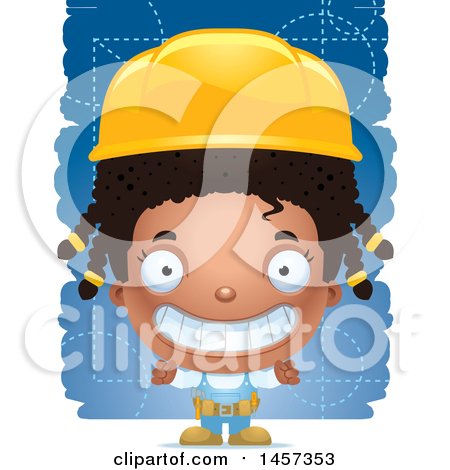 Clipart of a 3d Grinning Black Girl Builder over Blue - Royalty Free Vector Illustration by Cory Thoman
