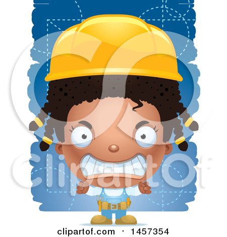 Clipart of a 3d Mad Black Girl Builder over Blue - Royalty Free Vector Illustration by Cory Thoman