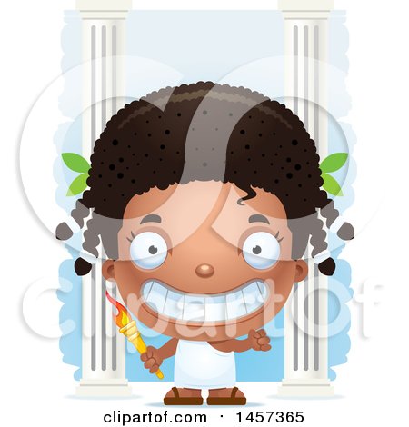Clipart of a 3d Grinning Black Girl Holding a Torch over Columns - Royalty Free Vector Illustration by Cory Thoman