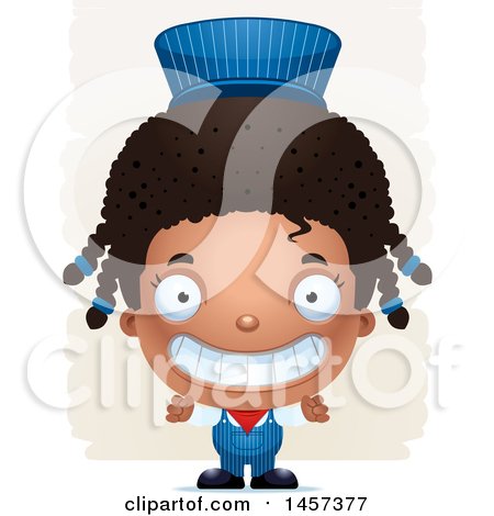 Clipart of a 3d Grinning Black Girl Train Engineer over Strokes - Royalty Free Vector Illustration by Cory Thoman