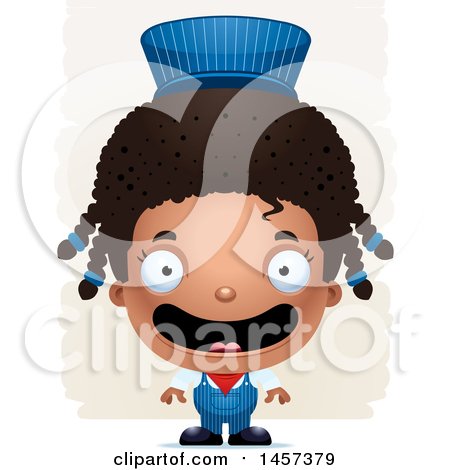 Clipart of a 3d Happy Black Girl Train Engineer over Strokes - Royalty Free Vector Illustration by Cory Thoman