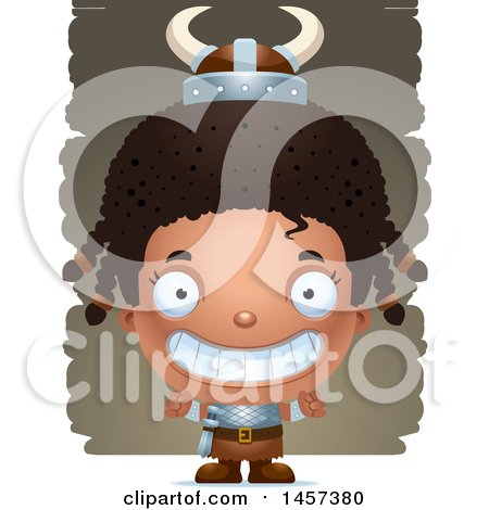 Clipart of a 3d Grinning Black Girl Viking over Strokes - Royalty Free Vector Illustration by Cory Thoman
