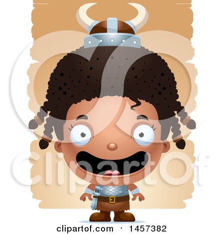 Clipart of a 3d Happy Black Girl Viking over Strokes - Royalty Free Vector Illustration by Cory Thoman