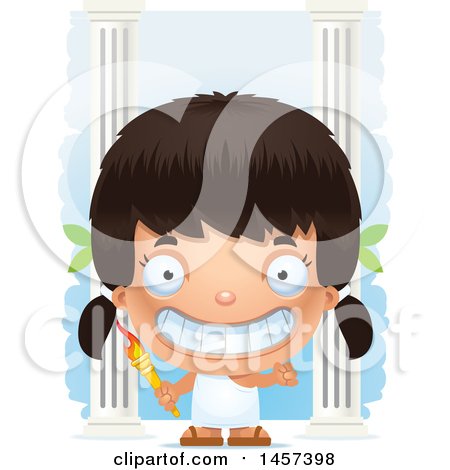 Clipart of a 3d Grinning Hispanic Girl Holding a Torch over Columns - Royalty Free Vector Illustration by Cory Thoman