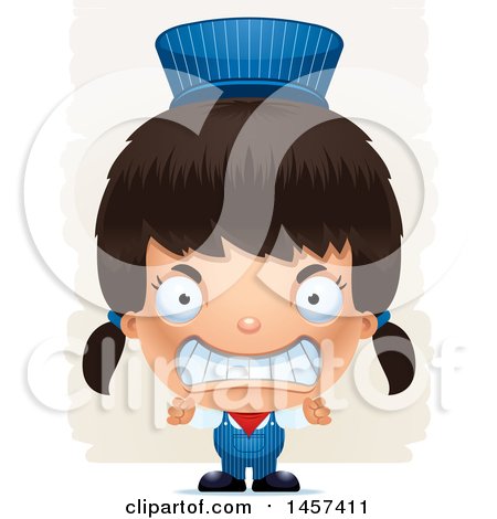 Clipart of a 3d Mad Hispanic Girl Train Engineer over Strokes - Royalty Free Vector Illustration by Cory Thoman