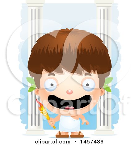 Clipart of a 3d Happy White Boy Holding a Torch over Columns - Royalty Free Vector Illustration by Cory Thoman