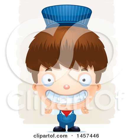 Clipart of a 3d Grinning White Boy Train Engineer over Strokes - Royalty Free Vector Illustration by Cory Thoman
