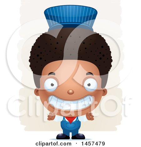 Clipart of a 3d Grinning Black Boy Train Engineer over Strokes - Royalty Free Vector Illustration by Cory Thoman
