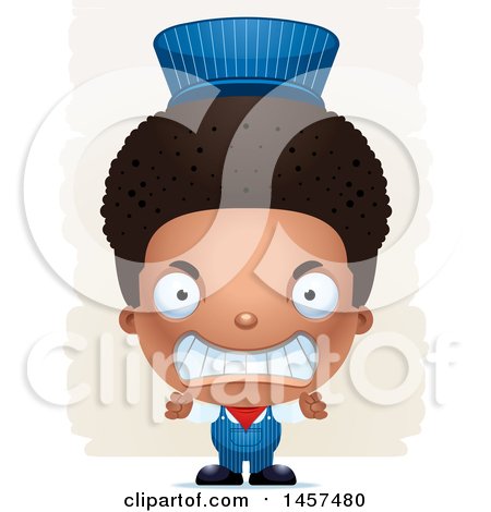 Clipart of a 3d Mad Black Boy Train Engineer over Strokes - Royalty Free Vector Illustration by Cory Thoman