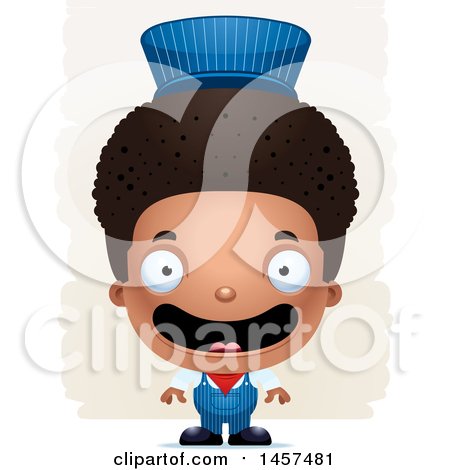 Clipart of a 3d Happy Black Boy Train Engineer over Strokes - Royalty Free Vector Illustration by Cory Thoman