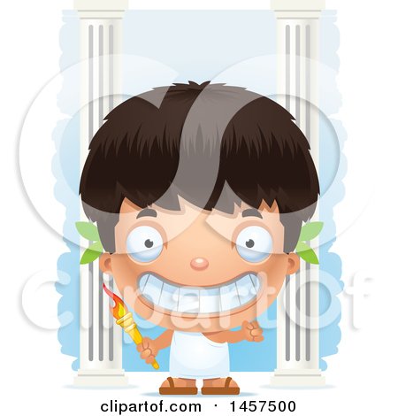 Clipart of a 3d Grinning Hispanic Boy Holding a Torch over Colums - Royalty Free Vector Illustration by Cory Thoman