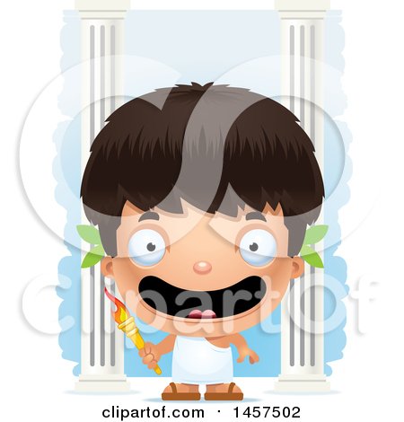 Clipart of a 3d Happy Hispanic Boy Holding a Torch over Colums - Royalty Free Vector Illustration by Cory Thoman