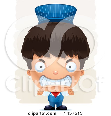 Clipart of a 3d Mad Hispanic Boy Train Engineer over Strokes - Royalty Free Vector Illustration by Cory Thoman