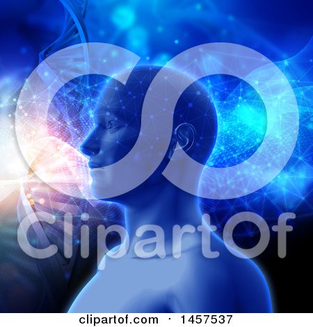 Clipart of a 3d Male Human Head with Flares of Light and Dna Double Helix Strands in Blue Tones - Royalty Free Illustration by KJ Pargeter