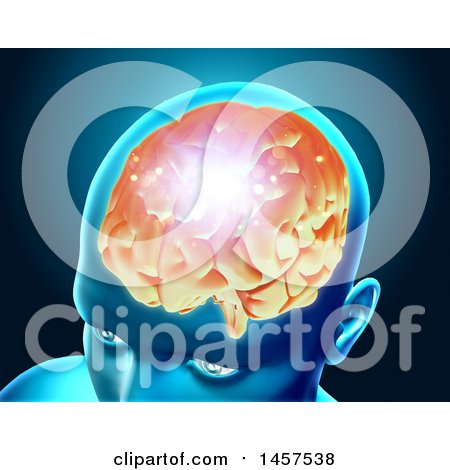 Clipart of a 3d Head with Glowing Brain, on Blue - Royalty Free Illustration by KJ Pargeter