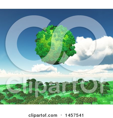 Clipart of a 3d Green Planet Floating over a Landscape with Trees - Royalty Free Illustration by KJ Pargeter