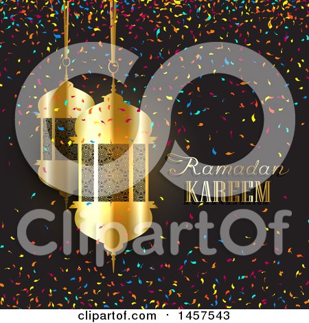 Clipart of a Gold Patterned Hanging Lanterns with Ramadan Kareem Text over a Colorful Confetti and Black Background - Royalty Free Vector Illustration by KJ Pargeter