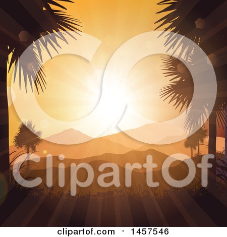 Clipart of a Tropical Sunset Background with Mountains and Palm Trees - Royalty Free Vector Illustration by KJ Pargeter