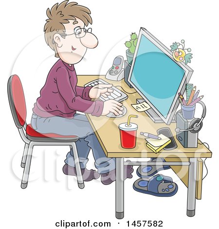 Clipart of a Cartoon White Man Working in a Home Office - Royalty Free Vector Illustration by Alex Bannykh