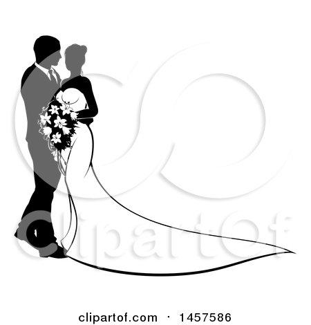 Clipart of a Black and White Silhouetted Posing Wedding Bride and Groom with a Bouquet - Royalty Free Vector Illustration by AtStockIllustration