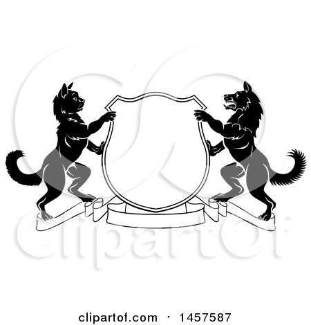 Clipart of a Black and White Cat and Dog Heraldic Coat of Arms Shield - Royalty Free Vector Illustration by AtStockIllustration