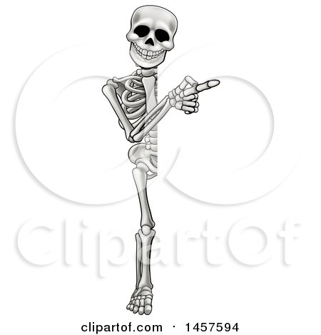 Clipart of a Cartoon Grayscale Human Skeleton Pointing Around a Sign - Royalty Free Vector Illustration by AtStockIllustration