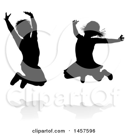 Clipart of Silhouetted Children Jumping, with Shadows - Royalty Free Vector Illustration by AtStockIllustration