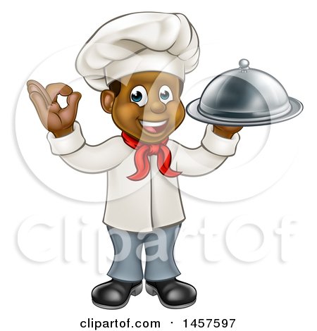 Clipart of a Cartoon Happy Full Length Black Male Chef Holding a Cloche Platter and Gesturing Perfect - Royalty Free Vector Illustration by AtStockIllustration