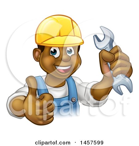 Clipart of a Cartoon Happy Black Male Mechanic Holding up a Wrench and Giving a Thumb up - Royalty Free Vector Illustration by AtStockIllustration