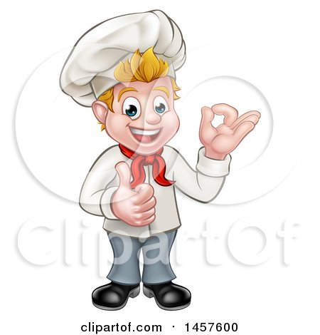 Clipart of a Cartoon Full Length Happy Young White Male Chef Gesturing Ok and Giving a Thumb up - Royalty Free Vector Illustration by AtStockIllustration