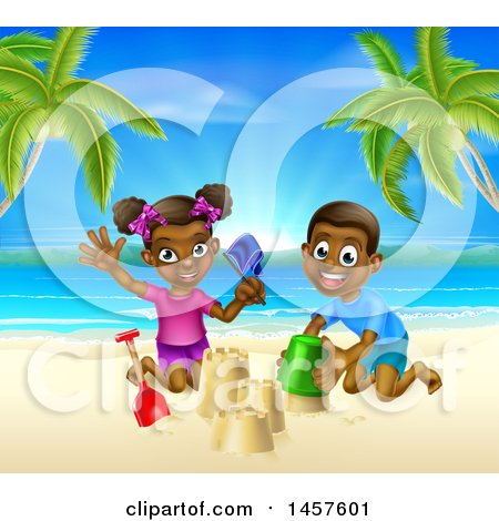 Clipart of a Happy Black Boy and Girl Playing and Building a Sand Castle on a Tropical Beach - Royalty Free Vector Illustration by AtStockIllustration