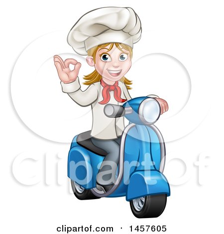 Clipart of a Cartoon Happy White Female Chef Gesturing Ok and Riding a Scooter - Royalty Free Vector Illustration by AtStockIllustration