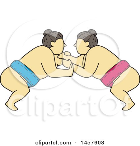 Clipart of a Mono Line Styled Match Between Sumo Wrestlers - Royalty Free Vector Illustration by patrimonio