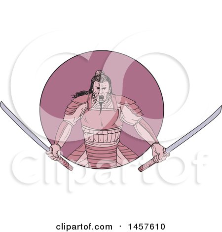 Clipart of a Drawing Styled Samurai Warror Wielding Two Katana Swords in a Purple Circle - Royalty Free Vector Illustration by patrimonio