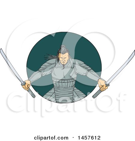 Clipart of a Drawing Styled Samurai Warror Wielding Two Katana Swords in a Teal Circle - Royalty Free Vector Illustration by patrimonio