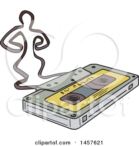 Clipart of a Yellow Labeled Cassette Tape with the Tape Forming a Dancing Man - Royalty Free Vector Illustration by patrimonio