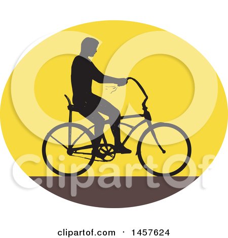 Clipart of a Retro Silhouetted Man Riding an Easy Rider Bicycle in an Oval - Royalty Free Vector Illustration by patrimonio