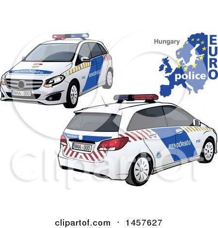 Clipart of a Hungarian Police Car Shown from Two Different Angles, with a Map and Euro Police Text - Royalty Free Vector Illustration by dero