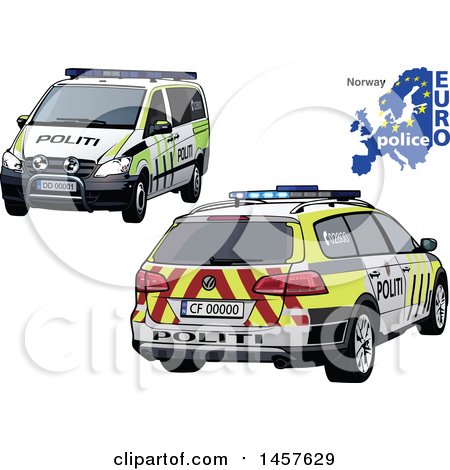 Clipart of a Norwegian Police Car Shown from Two Different Angles, with a Map and Euro Police Text - Royalty Free Vector Illustration by dero