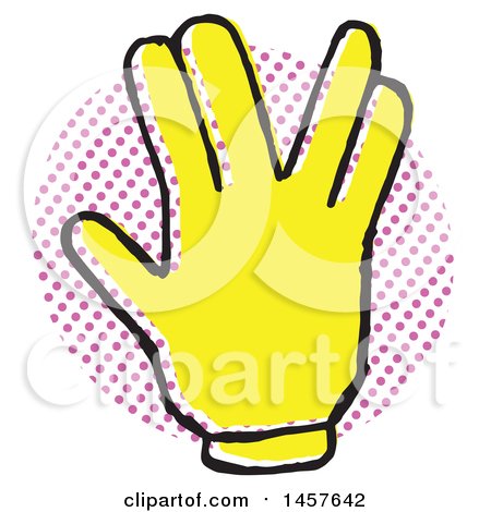 Clipart of a Pop Art Styled Yellow Victory Hand over a Halftone Circle - Royalty Free Vector Illustration by Cherie Reve