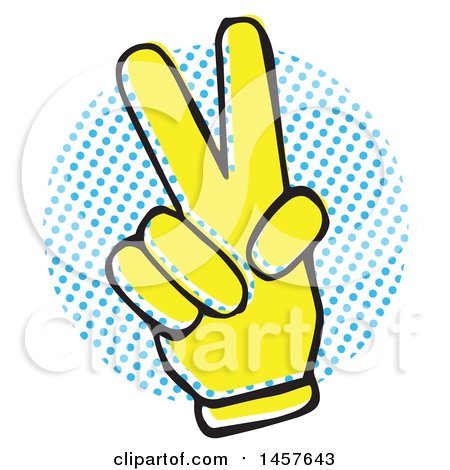 Clipart of a Pop Art Styled Yellow Peace Hand over a Halftone Circle - Royalty Free Vector Illustration by Cherie Reve