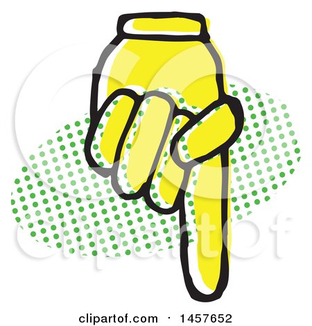 Clipart of a Pop Art Styled Yellow Hand Pointing down over a Halftone Oval - Royalty Free Vector Illustration by Cherie Reve