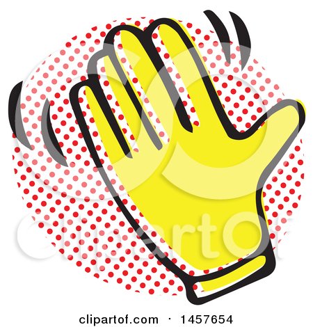 Clipart of a Pop Art Styled Yellow Waving Hand over a Halftone Circle - Royalty Free Vector Illustration by Cherie Reve