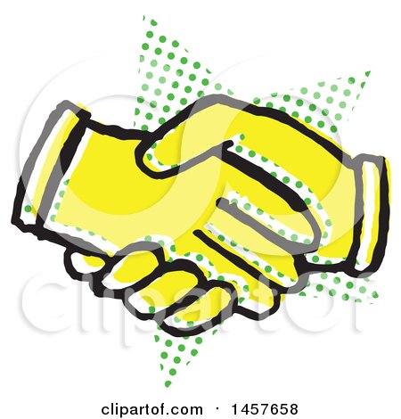 Clipart of a Pop Art Styled Yellow Hand Shake over a Halftone Star - Royalty Free Vector Illustration by Cherie Reve