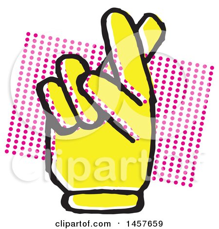 Clipart of a Pop Art Styled Yellow Hand with Crossed Fingers over a Halftone Rectangle - Royalty Free Vector Illustration by Cherie Reve
