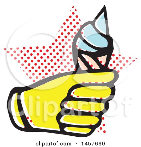 Clipart of a Pop Art Styled Yellow Hand Holding an Ice Cream Cone over a Halftone Star - Royalty Free Vector Illustration by Cherie Reve