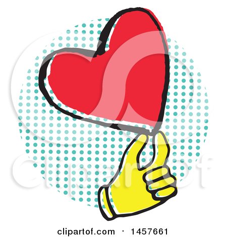 Clipart of a Pop Art Styled Yellow Hand Holding a Heart over a Halftone Circle - Royalty Free Vector Illustration by Cherie Reve