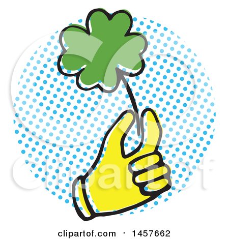 Clipart of a Pop Art Styled Yellow Hand Holding a Shamrock over a Halftone Circle - Royalty Free Vector Illustration by Cherie Reve
